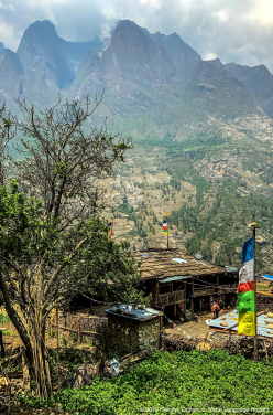 A row of typical houses, built as a single room (cooking, eating, sleeping) with a barn underneath. There is no running water in the homes, or electricity. Wires that are the start of the necessary infrastructure can be seen, but construction was halted after the 2015 Nepal earthquakes, the first and largest of which was centered to the immediate south, in Gorkha, and devastated much of the valley.
 